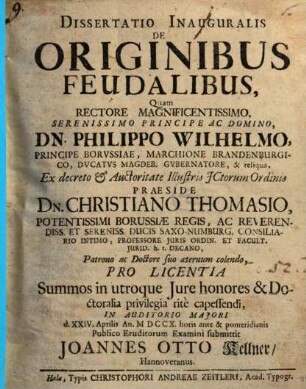 Dissertatio Inauguralis De Originibus Feudalibus