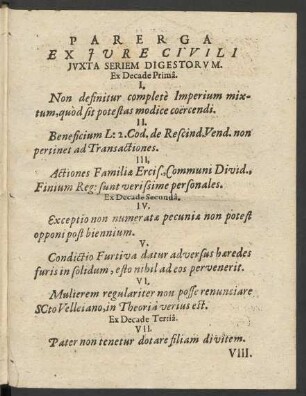 Parerga Ex Jure Civili Juxta Seriem Digestorum. Ex Decade Prima.