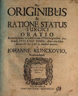 De originibus et ratione status Turcici oratio