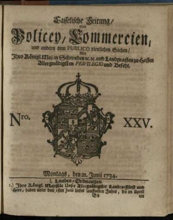 Nro. XXV, Montags, den 21. Junii 1734
