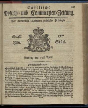 17tes Stueck, Montag den 23ten April 1804