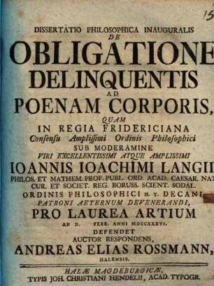 Diss. philos. inaug. de obligatione delinquentis ad poenam corporis