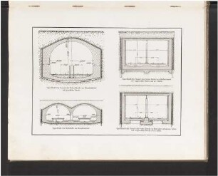 Querschnitt des Tunnels der freien Strecke am Hauptbahnhof mit gewölbter Decke. Querschnitt des Tunnels der freien Strecke am Rathausmarkt mit wagerechter Decke und mit Sohle. Querschnitt der Haltestelle am Hauptbahnhof. Querschnitt des Tunnels der freien Strecke in den höher gelegenen Teilen mit wagerechter Decke ohne Sohle.