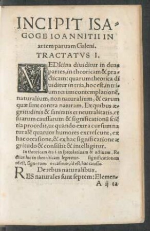 Incipit Isagoge Ioannitii In artem parvam Galeni.