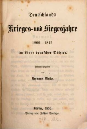 Deutschlands Krieges- und Siegesjahre 1809-1815 im Liede deutscher Dichter