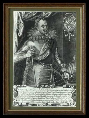 Foto von einem Kupferstich von Jakob Baur von Eiseneck von 1624, (Zweig Staehle), Stecher Johann Leipoldt, Original Historisches Museum Frankfurt am Main, 19 cm hoch x 14 cm breit, in Glasrahmen