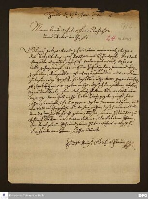 Brief von Heinrich XXIII. v. Reuß-Lobenstein an August Hermann Francke.