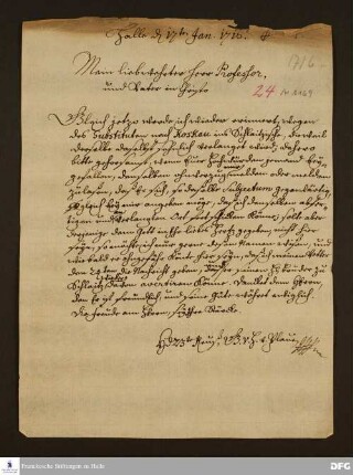 Brief von Heinrich XXIII. v. Reuß-Lobenstein an August Hermann Francke.
