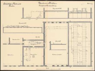 Schlachthof und Viehmarkt, Breslau Maschinen- und Kühlhaus: Rohrplan der Salzwasserleitung: Grundriss Querschnitt Längsschnitt 1:50