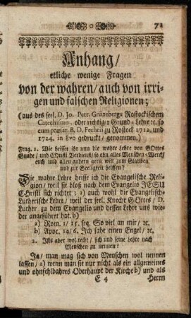 Anhang/ etliche wenige Fragen von der wahren/ auch von irrigen und falschen Religionen;