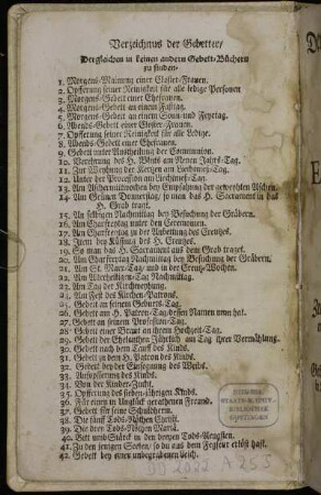 Verzeichnus der Gebetter/ Dergleichen in kenen andern Gebett-Büchern zu finden.