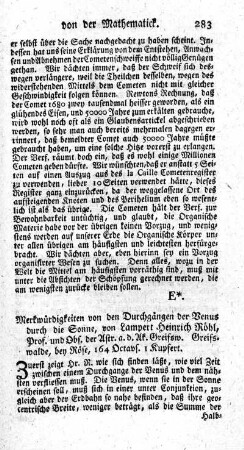 Merkwürdigkeiten von den Durchgängen der Venus durch die Sonne.