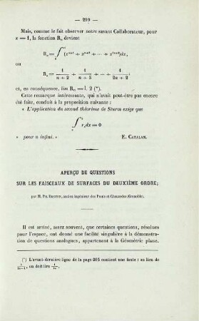 Apercz de questions sur les faisceaux de surfaces du deuxième ordre.