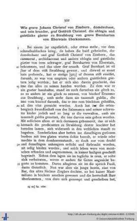 Wie grave Johann Christof von Zimbern, domdechant, und sein brueder, graf Gotfridt Christof, die oblegia und gaistliche güeter zu Straßburg von grave Bernharten von Eberstain überkommen.