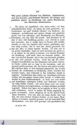 Wie grave Johann Christof von Zimbern, domdechant, und sein brueder, graf Gotfridt Christof, die oblegia und gaistliche güeter zu Straßburg von grave Bernharten von Eberstain überkommen.