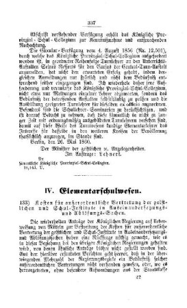 Kosten für außerordentliche Vertretung der geistlichen und Schul-Institute in Auseinandersetzungs- und Ablösungs-Sachen : [IV. Elementarschulwesen]