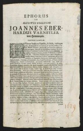 Ephorus In Illustri Collegio Joannes Eberhardus Varnbyler von Hemmingen Lectori Salutem