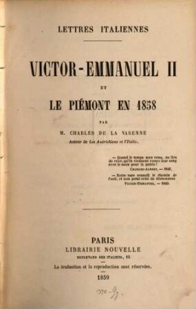 Victor-Emmanuel II et le Piémont en 1858 : Lettres italiennes