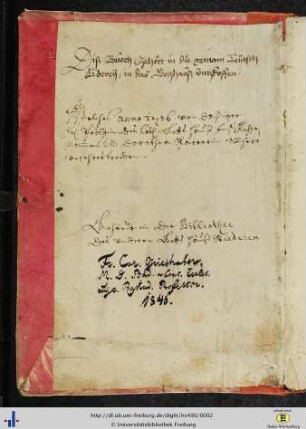 [Vorderer Spiegel] Besitzvermerke des Augustinerchorfrauenstifts Inzigkofen (ca. 1550), des Augustinerchorfrauenstifts Riedern (18. Jh) und Franz Karl Grieshabers (1848).