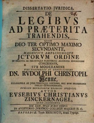 Dissertatio Jvridica De Legibvs Ad Præterita Trahendis