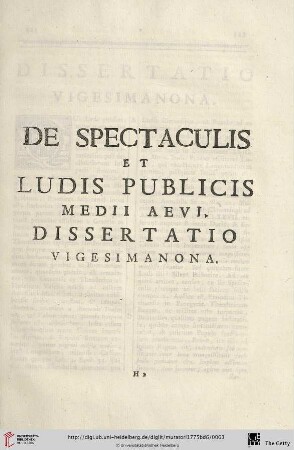 Dissertatio vigesimanona: De Spectaculis et Ludis publicis Medii Aevi