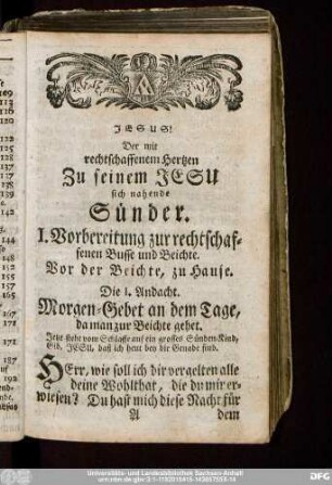 Die I. Andacht. Morgen-Gebet and em Tage, da man zur Beichte gehet.