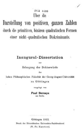 Über die Darstellung von positiven, ganzen Zahlen durch die primitiven, binären quadratischen Formen einer nicht-quadratischen Diskriminante