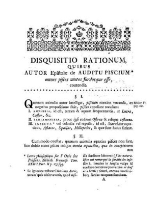 Disquisitio Rationum quibus Autor Epistolae de Auditu Piscium omnes pisces mutos surdosque esse contendit