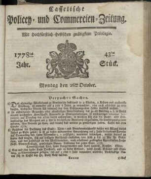 43tes Stueck, Montag den 26ten October. 1778
