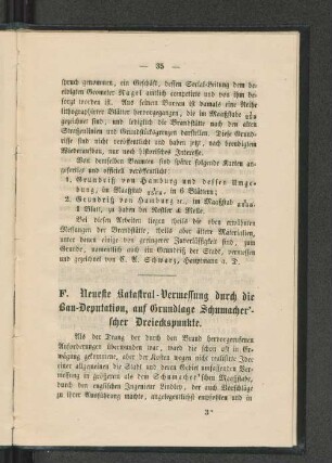 F. Neueste Katastral-Vermessung durch die Bau-Deputation, auf Grundlage Schumacher'scher Dreieckspunkte.