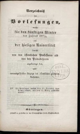 WS 1850: Verzeichnis der Vorlesungen // Georg-August-Universität Göttingen