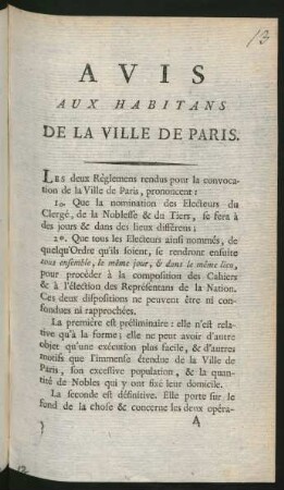 Avis Aux Habitans De La Ville De Paris
