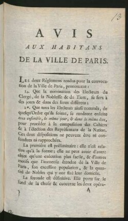Avis Aux Habitans De La Ville De Paris
