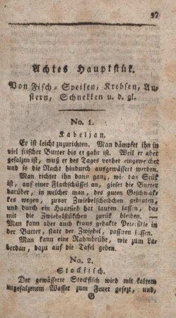 Achtes Hauptstück. Von Fisch-Speisen, Krebsen, Austern, Schnekken u.d.gl.