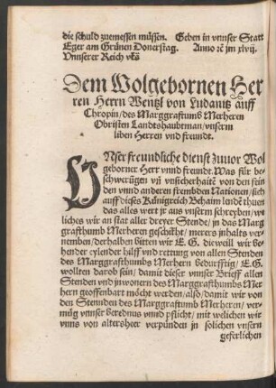 Dem Wolgebornen Herren Herrn Wentzl von Ludanitz auff Chropin ...