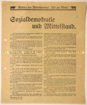 Gegen die Sozialdemokraten gerichteter Wahl- und Beitrittsaufruf der Deutschnationalen Volkspartei an den Mittelstand über das Verhältnis von Sozialdemokratie und Mittelstand