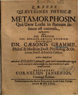 Quaestiones Physicae Metamorphosin, Qua Uxor Lothi in statuam salinam est conversa, explicantes