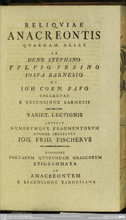 Reliquiae Anacreontis Quaedam Aliae