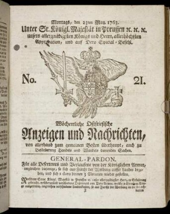 No. 21. Montags, den 23ten May 1763.