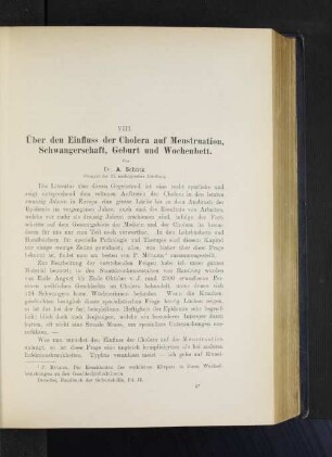 VIII. Über den Einfluss der Cholera auf Menstruation, Schwangerschaft, Geburt und Wochenbett.