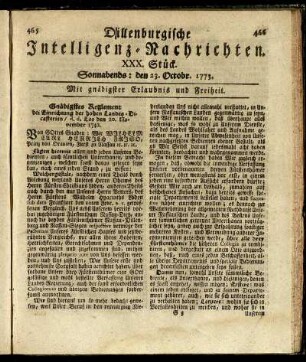 XXX. Stück. Sonnabends: den 23. Octobr. 1773.