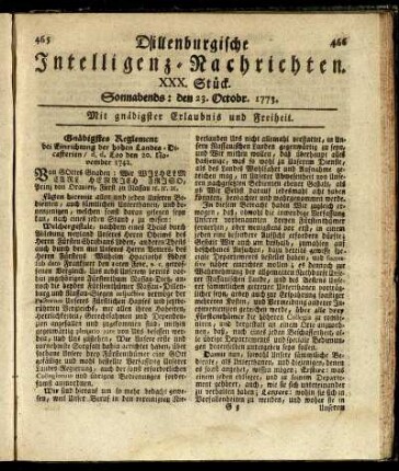 XXX. Stück. Sonnabends: den 23. Octobr. 1773.