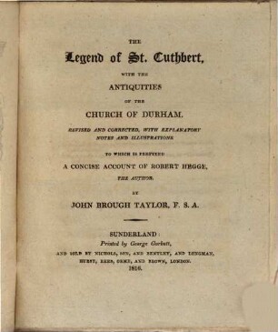 The Legend of St. Cuthbert : with the antiquities of the church of Durham