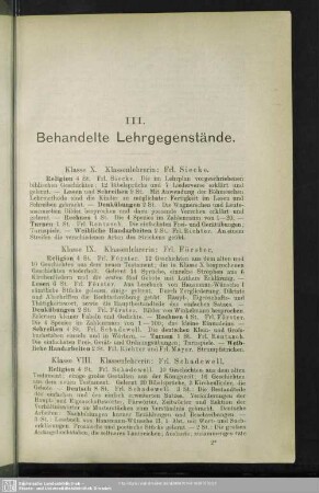 III. Behandelte Lehrgegenstände