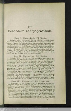 III. Behandelte Lehrgegenstände