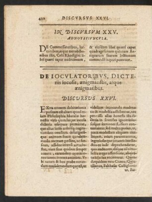 De Iocultaoribus, Dicteriis iocosis, aenigmatistis, atque aenigmatibus. Discursus XXVI.