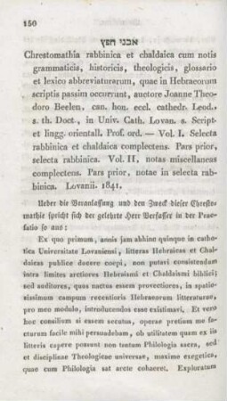 150-154 [Rezension] Chrestomathia Rabbinica et Chaldaica cum notis grammaticis, historicis, theologicis, glossario et lexico abbreviaturarum