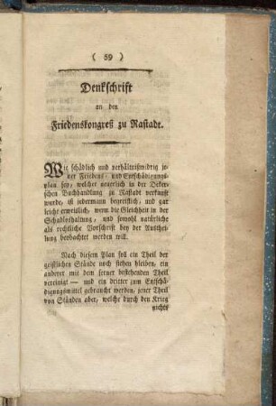 Denkschrift an den Friedenskongreß zu Rastadt.