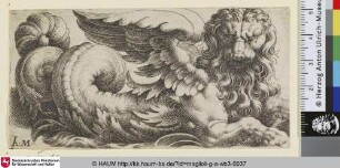 [Geflügeltes Seeungeheuer mit Löwenkopf den Betrachter anblickend, nach rechts]