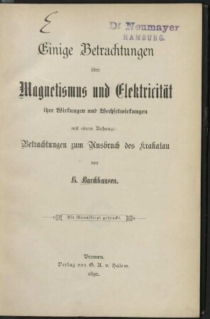 Einige Betrachtungen über Magnetismus und Elektricität : ihre Wirkungen und Wechselwirkungen